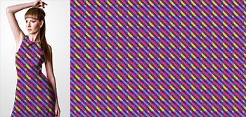11012 Materiał ze wzorem kwadraty przecinane liniami tworzące kolorowy motyw (fuksja, fiolet, błękit, żółty, czarny)